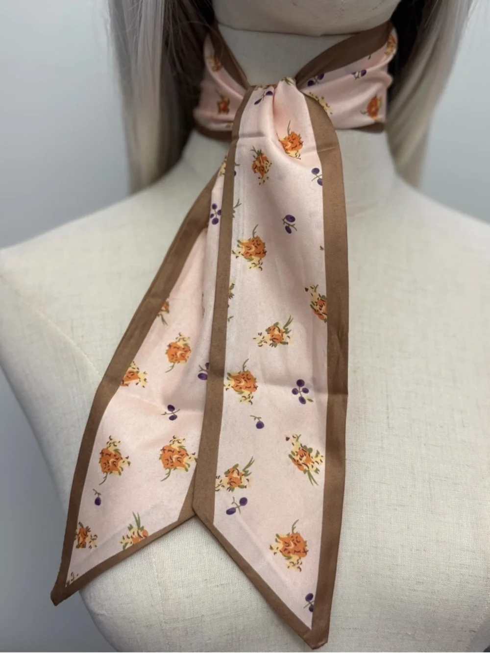 Blush Pink Floral Skinny Scarf Brown Trim Twilly Hair Tie Neck Scarf